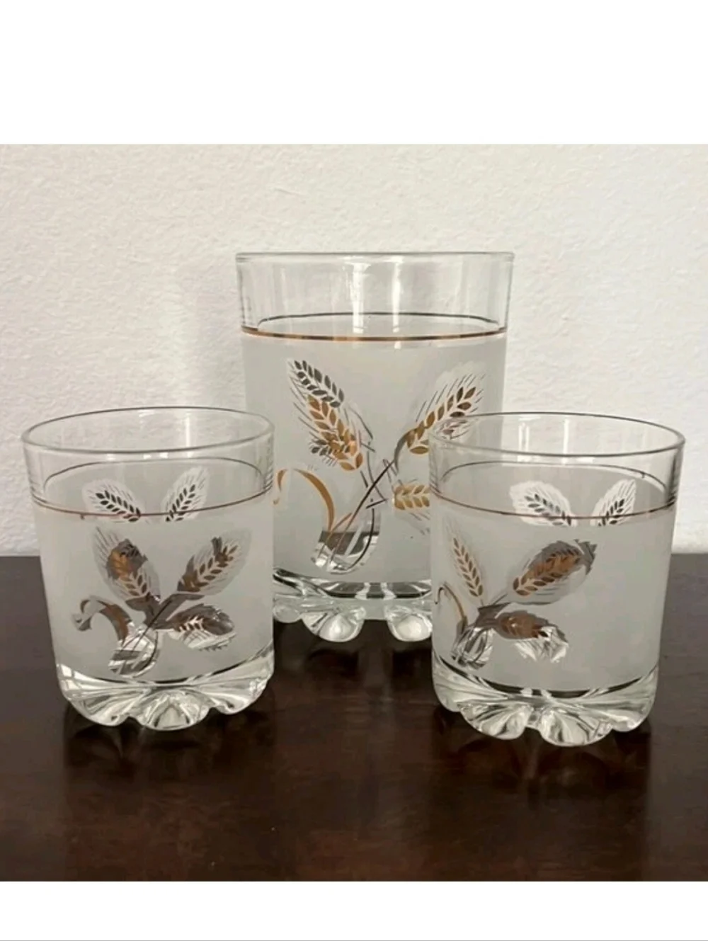 DeValBor Italian Frosted Gold Leaf Wheat Pattern Ice Bucket 3 Glasses Vintage
